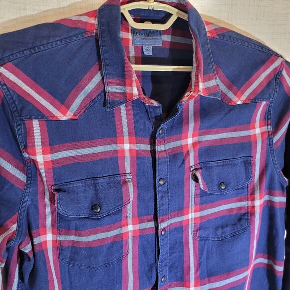 Lucky Brand Plaid Button Up Shirt Mens XL Blue Check Santa Fe Slim Fit Western - Picture 2 of 9